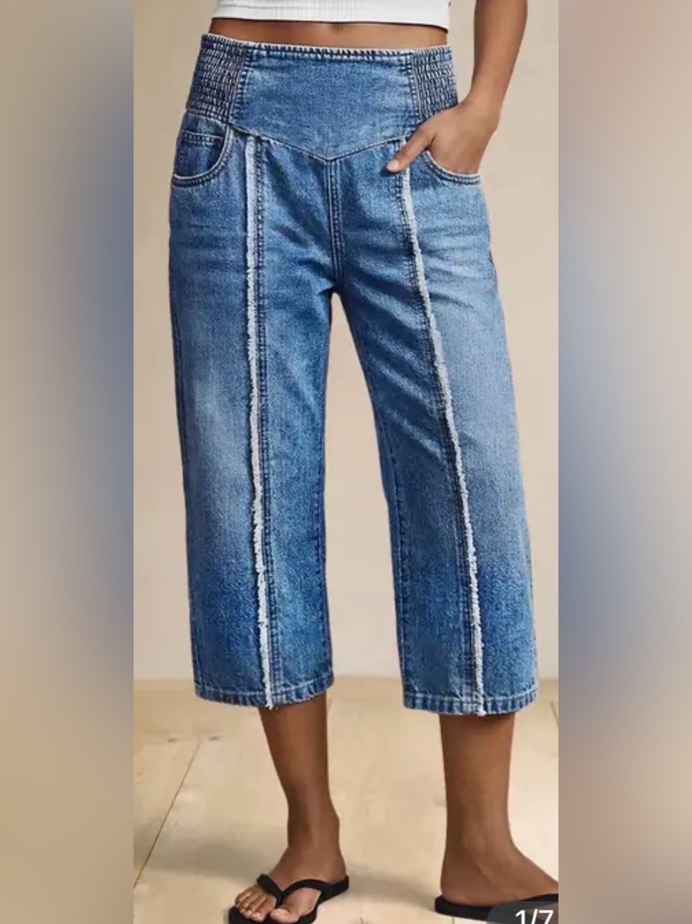Flamingals Raw Seam Elastic Mid Waist Straight Leg Capri Jeans